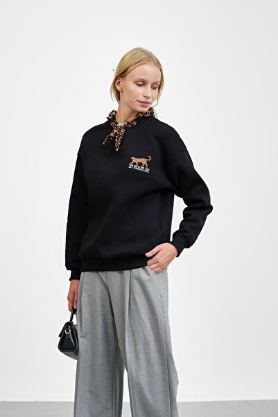 İmajButik Leopard Three Thread Fleece-Lined Sweat with Black Scarf Accessories