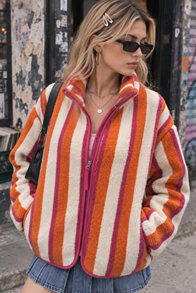 Mixray 4981 Women's Sunset Striped Pocketed Soft Textured Fleece Sweatshirt
