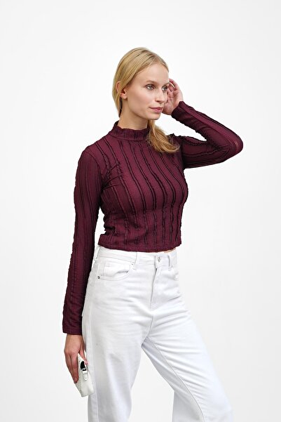 İmajButik Plum Ruffle Detailed Mock Neck Blouse