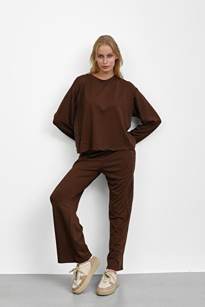 İmajButik Brown Modal Suit with Stone Detail on the Sides