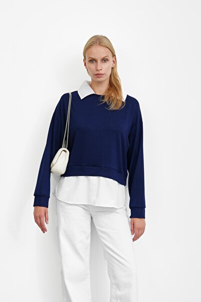 İmajButik Navy Blue Shirt Paneled Modal Sweat