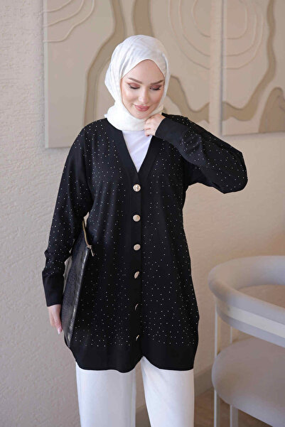 İmajButik Siyah Soğuk İplik Taşlı Triko Hırka