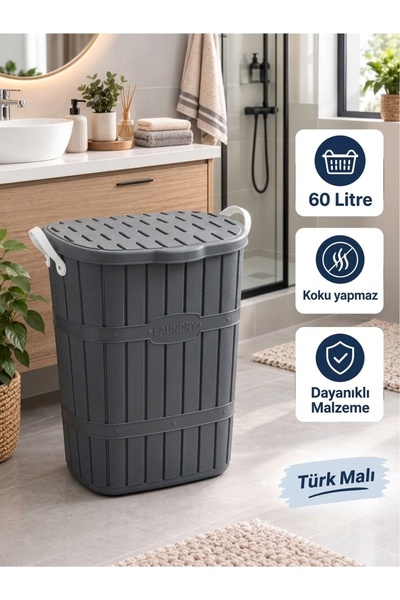 Violet Plastik Bambu Kirli Çamaşır Sepeti Antrasit
