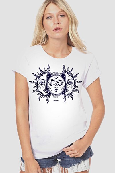 ROCKANDROLL Tricou damă Moon Sun alb cu mânecă scurtă