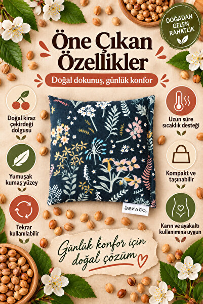 BEVACO Kiraz Çekirdeği Yastığı | 20x20 cm | Doğal Sıcak Soğuk Terapi | Çiçek ...