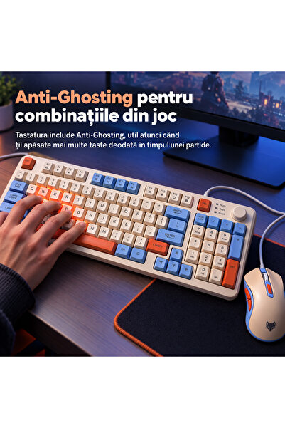 LUDORA Tastatura gaming cu senzatie mecanica si mouse cu fir ilumanre rainbow RGB, taste PBT Double-Shot