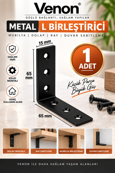 VENON 1 Adet || SİYAH Mobilya Eşya Dolap Duvara Sabitleme Köşebent Bağlantı A...
