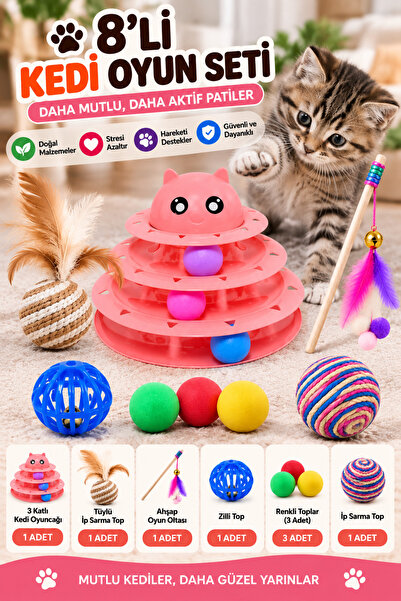 PAMEPAW 8'li Set: Sarma Topu+3'lü Renkli Top+oyun Topu Tüylü + Kedi Oltası+3 ...