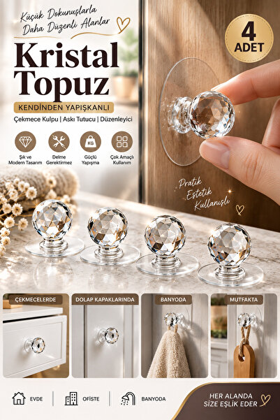 Carat Home Çok Amaçlı 4'lü Kristal Topuz Kendinden Yapışkanlı Çekmece Kulpu Y...