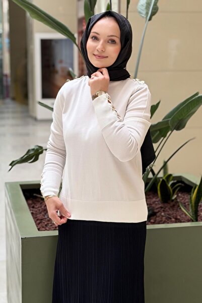Nuss Mercerized Sweater with Gold Button Detail on the Shoulder and Cuff