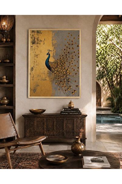 Boho wellness studio Çerçeveli MDF Altın Tavus Kuşu Duvar Tablosu – Luxury Art