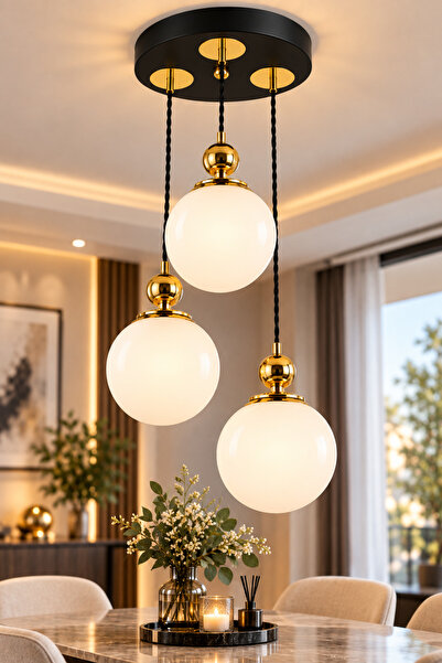 VENON Lorenza 3.Lü Sarkıt ✨ÖRGÜ KABLOLU ✨ SİYAH ✨ GOLD DETAYLI ✨ BEYAZ GLOP C...
