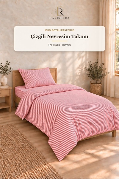Larispera Red Yarn-Dyed Ranforce Cotton Single Striped Buttoned Duvet Cover S...