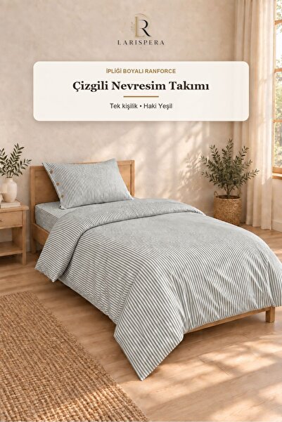 Larispera Khaki Green Yarn-Dyed Ranforce Cotton Single Striped Buttoned Duvet...