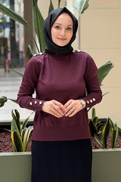 Nuss Mercerized Sweater with Gold Button Detail on the Shoulder and Cuff