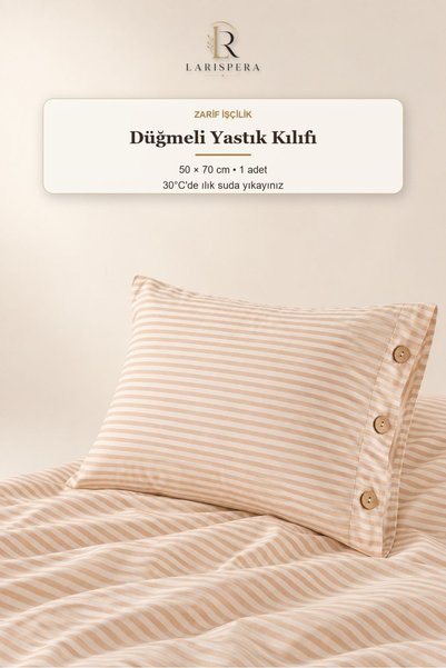 Larispera Beige Yarn-Dyed Ranforce Cotton Single Striped Buttoned Duvet Cover Set 160X220 cm