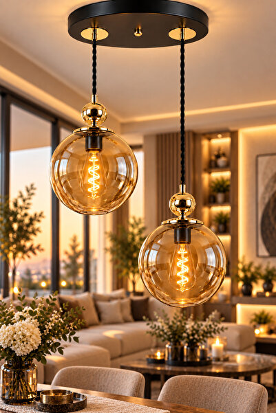 VENON Lorenza 2.Lİ Sarkıt ✨ÖRGÜ KABLOLU ✨ SİYAH ✨ GOLD DETAYLI ✨ BAL GLOP CAM...