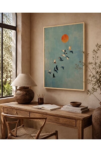 Boho wellness studio Çerçeveli MDF Turuncu Güneş ve Uçan Kuşlar Minimalist Po...