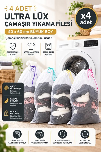 Ferzin 4 Adet Ultra Lüx Büyük Boy Çamaşır Yıkama Filesi Renkli İpli 40x60 Cm
