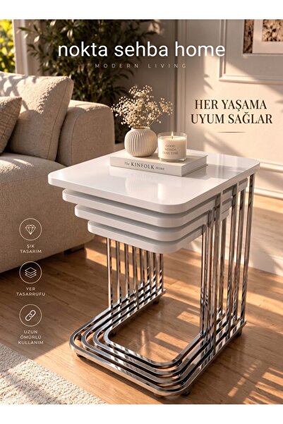 Nokta Sehpa Home 4lü tekerli c zigon sehpa gümüş beyaz
