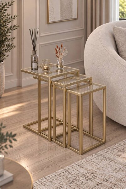 Dekoport Mira 3lü Zigon Sehpa Gold (ESKİTME) C Sehpa - Yan Sehpa Şeffaf Cam