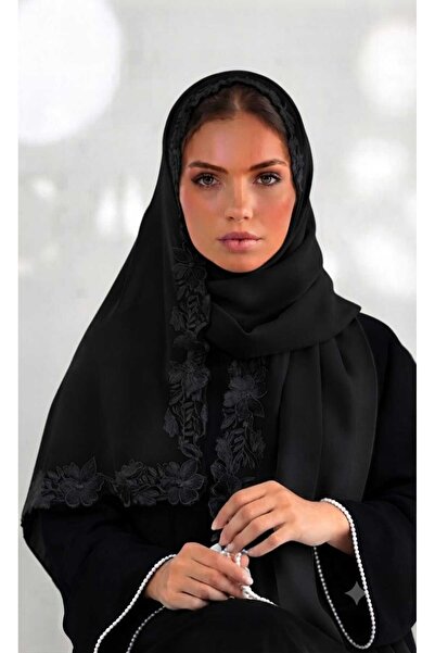 Veil Designer طرحه بوال اسود بتطريز الورد علي ثلاث اطراف من الطرحه تطريز يدوي...