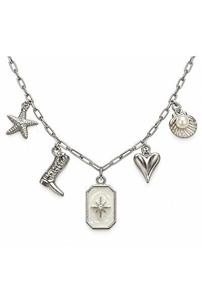 roshel Steel Silver Paperclip Chain Necklace with 5 Charms-Polar Star-Boot-He...