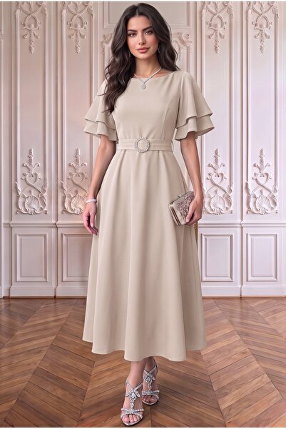 ALFUDO Moda Collection Kuşaklı Katlı Kollu Midi Elbise Kombini