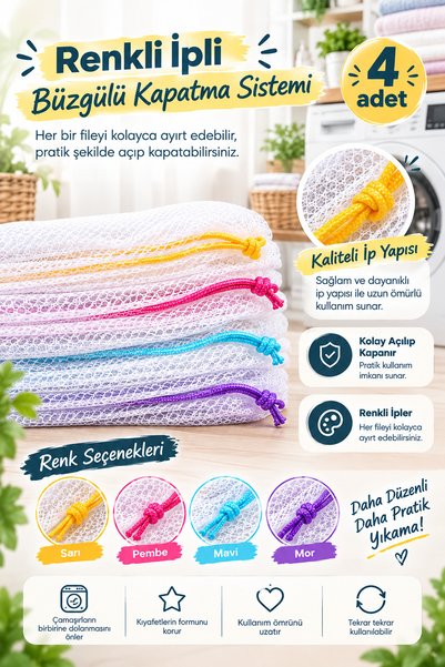 Ferzin 4 Adet Ultra Lüx Büyük Boy Çamaşır Yıkama Filesi Renkli İpli 40x60 Cm