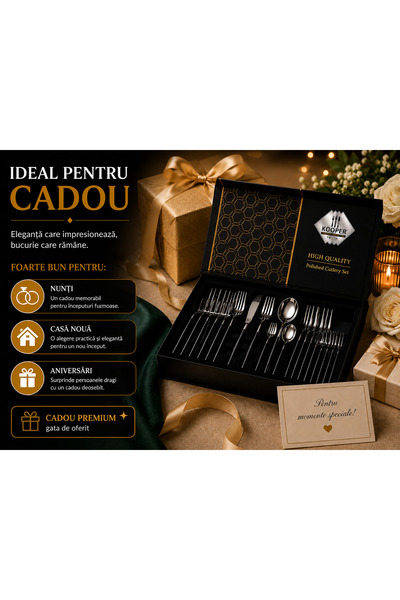 PYKA HOME SHOP Set tacamuri portugheze, Silver Collection, 24 piese, otel inoxidabil, design elegant, negru