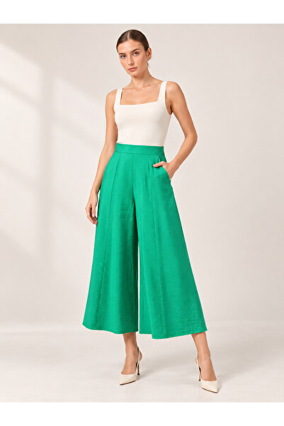 CESS Women's Green Satin Skirt Pants / Loose Fitted Stylish Jumpsuit with Wid...