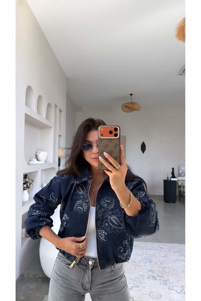 Buket Teke Navy Blue Floral Patterned Bomber Jacket