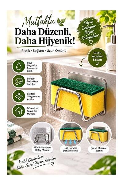 Tasarım Evi Tekli Paslanmaz Bulaşık Süngeri Tutucu Yapışkanlı Askılık Pratik ...