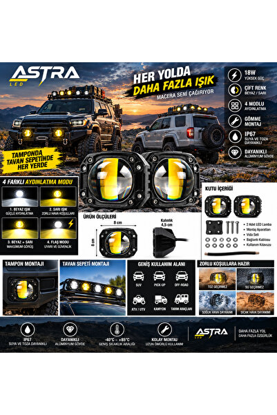 ASTRA LED 18w Uyumlu Çift Renk Gömme Montaj Sarı Beyaz 8 cm 4 Modlu Off Road ...