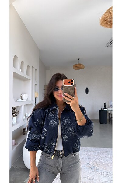 Buket Teke Lacivert Çiçek Desenli Bomber Ceket
