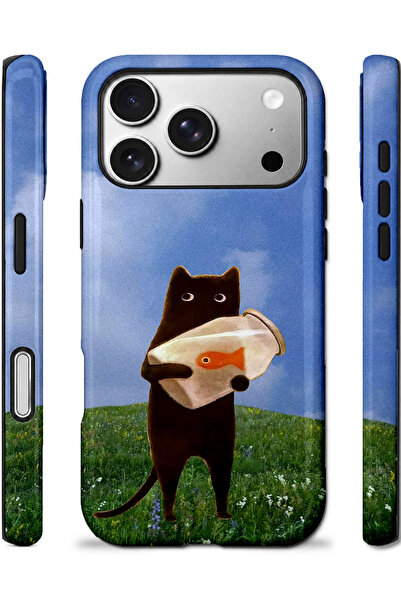 EDELFU iPhone 17 PRO Uyumlu - Balık Dostu Kedi, Çift Katmanlı Kapak, Parlak Yüzey Koruyucu Kılıf