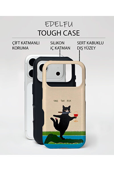 EDELFU iPhone 17 PRO Uyumlu - Tehlikeli Sularda Kedi, Çift Katmanlı Kapak, Parlak Yüzey Koruyucu Kılıf
