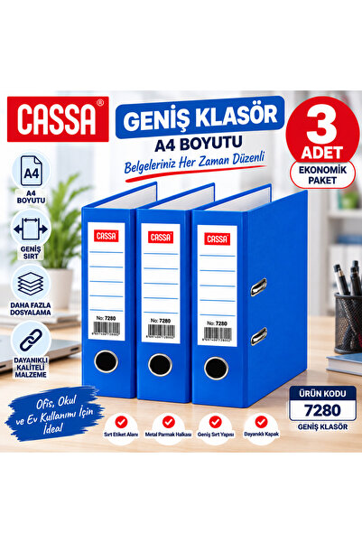 Cassa Mavi Geniş Klasör A4 3’lü Set