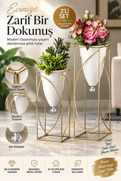 Tasarım Evi Dekoratif Şık Tasarım 2'li Metal Ayaklı Saksı Çiçeklik Yaylı Model