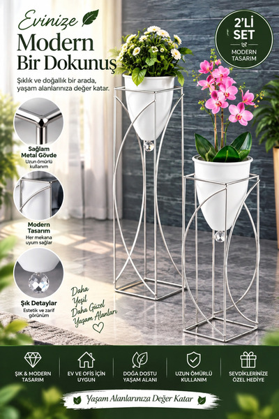 Tasarım Evi Dekoratif Şık Tasarım 2'li Metal Ayaklı Saksı Çiçeklik Yaylı Model