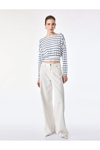 Koton Viscose Fabric Round Boat Neck Long Sleeve Waist Accent Striped T-Shirt