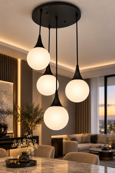 VENON Elora 3 + 1 Yuvarlak Sarkıt Avize ✨SİYAH ✨ BEYAZ GLOP CAMLI ✨ Salon Avi...