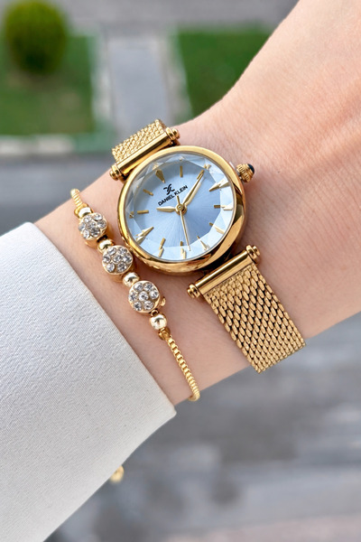 Daniel Klein Dial Blue Strap Gold Color 26 mm Women's Wristwatch with Gift Pa...