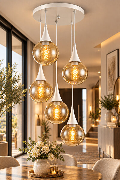 VENON Elora 5.li Sarkıt Yuvarlak ✨BEYAZ✨ BAL GLOP CAMLI ✨ Salon Avizesi Moder...