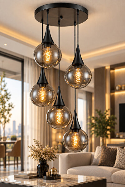 VENON Elora 5.li Sarkıt Yuvarlak ✨SİYAH ✨FÜME GLOP CAMLI ✨ Salon Avizesi Mode...