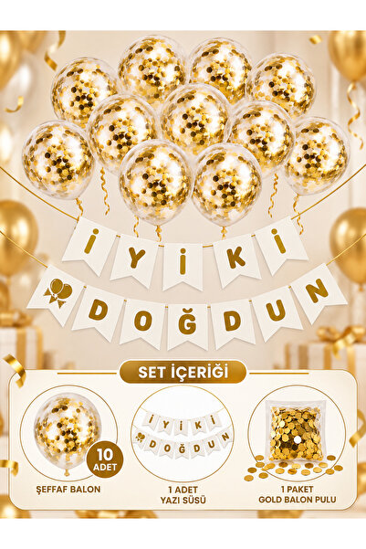 Parti dolabı Iyi Ki Doğdun Beyaz Varaklı Banner Yazı Konfetili Şeffaf Balon Seti