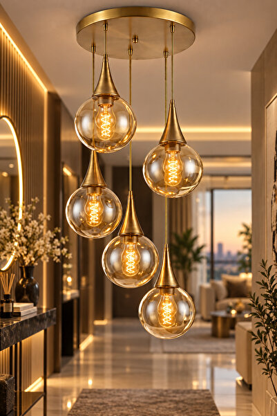 VENON Elora 5.li Sarkıt Yuvarlak ✨ESKİTME ✨ BAL GLOP CAMLI ✨ Salon Avizesi Mo...