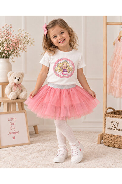 altıntop bebe Barbie Printed White Pink Tutu Skirt Girls' Set