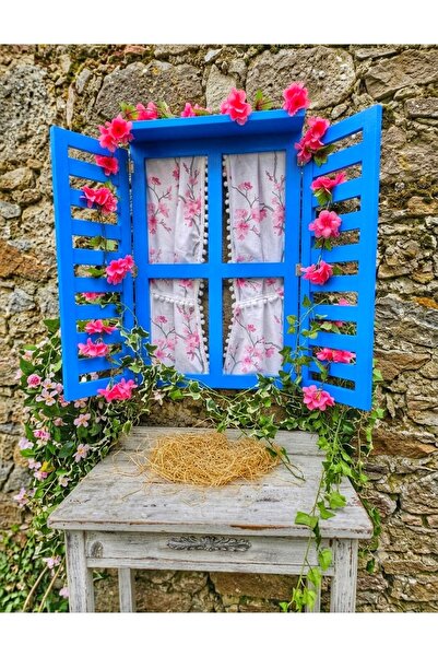 Home El boyaması dekoratif ahşap panjurlu pencere,perdeli,100×70cm yer kaplar