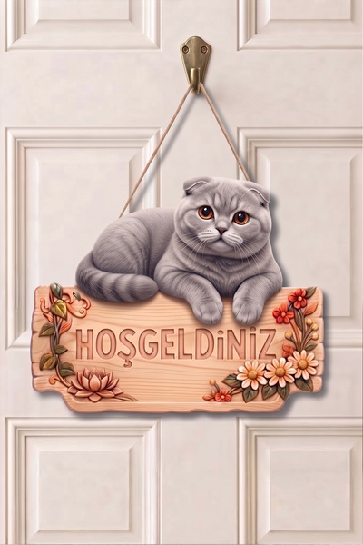 MARNELLO CONSEPT Scottish Fold Iilac Shorthair "Hoş Geldiniz" Ahşap MDF Kapı ...